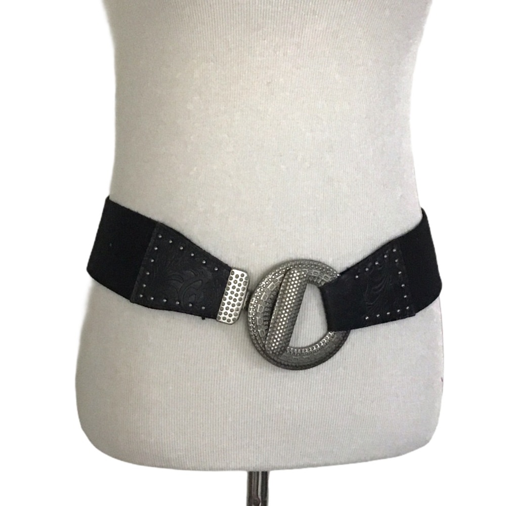 Black Leather and Linen Stretch Belt Circle Buckle